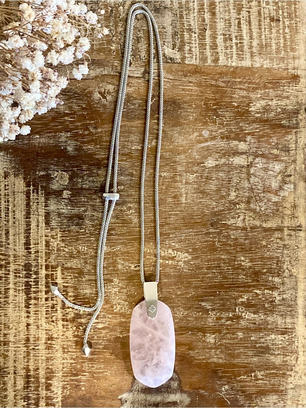 Kendra Scott Inez Rose Quartz Silver Tone Pendant Statement Necklace Adjustable